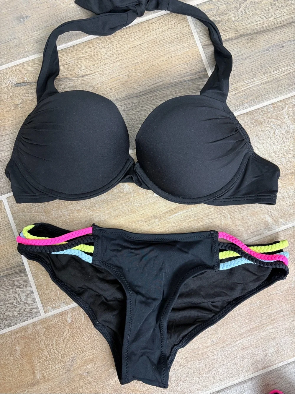 Victoria's Secret Black Bikini Top with 2 Black & Neon-Striped Bottoms
